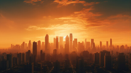A city skyline at sunset, silhouetted skyscrapers against a warm, orange sky - obrazy, fototapety, plakaty
