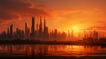 Fototapeta na wymiar A city skyline at sunset, silhouetted skyscrapers against a warm, orange sky