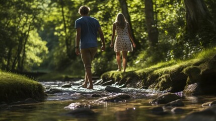Moo area shot of man and lady crossing the stream barefooted Couple strolling by the river in woodland with their shoes in hand Explorers climbing in woodland - Powered by Adobe