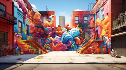 A city street transformed by a vibrant street art mural, bursting with dynamic colors and abstract shapes