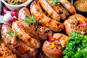 Set with various meat Bavarian, Frankfurt, German grilled sausages, Oktoberfest food
