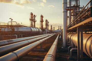 Large oil pipeline and gas pipeline in the process of oil refining and the movement of oil and gas. - obrazy, fototapety, plakaty