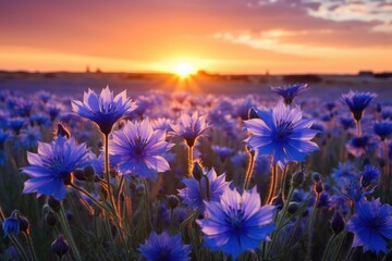 Field of wild blue cornflowers at sunset.