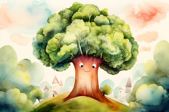 Watercolor illustration of a funny tree character