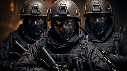 Law and order protection concept, an armed special forces group, and an antiterrorism swat team.
