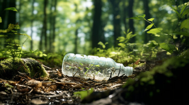 A close-up of a decomposing plastic bottle on a forest floor, symbolizing long-lasting pollution 