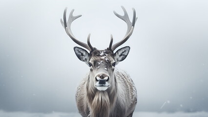 Close up of reindeer in winter. snow background.