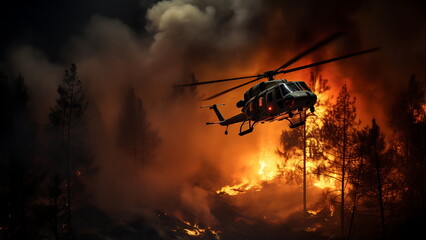 Helicopter fighting forest fire in nature. A helicopter flies over the forest.