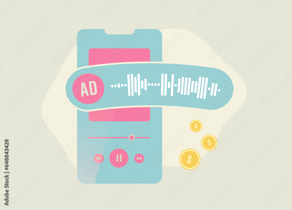 Poster programmatic audio advertising concept. automated ad insertion in media sound content. vector illust