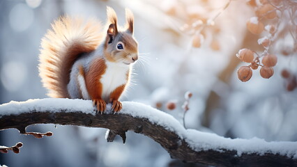 Squirrel in winter sitting on a tree trunk.