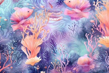 Fototapeta na wymiar Painted fish and seaweed in purple and orange tones. Abstract background of marine flora and fauna, aquatic and underwater world. Sea life concept.