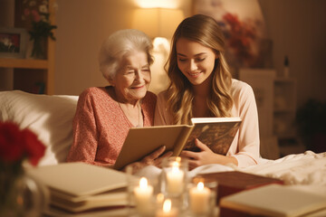 Shot of a nurse and a senior woman looking at a photo album together 