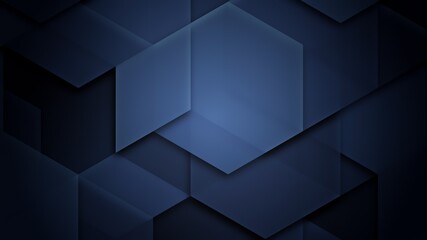 Illustration of a dark blue background with interlaced geometric shapes with effects