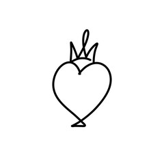 Hand drawn crowned hearts. Doodle princess, king and queen crown on heart, sketch love crowns. 