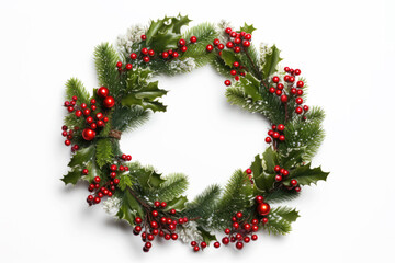 Fototapeta na wymiar Christmas wreath made of green fir branches and red berries on a white background, space for text. Merry Christmas and Happy New Year greeting card. Top view of decorative festive wreath.