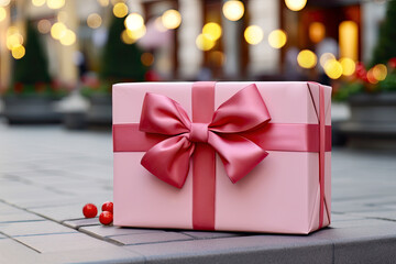 Pink Gift box with big Bow on background with street night lights. Creative Modern Christmas background, with Christmas decorations  and copy space. Merry Christmas and Happy New Year greeting card.