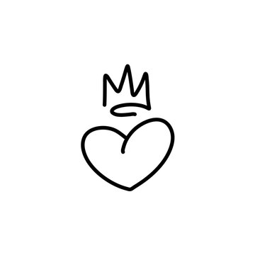 Hand drawn crowned hearts. Doodle princess, king and queen crown on heart, sketch love crowns. 