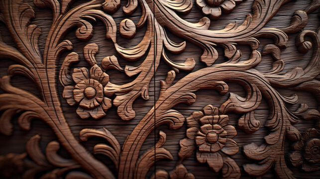 A close-up of the intricate carving on a wooden door