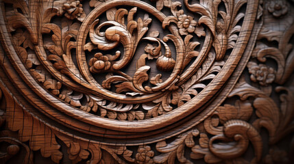 A close-up of the intricate carving on a wooden door