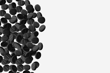 Black flying capsules, pills and tablets. On a light background.