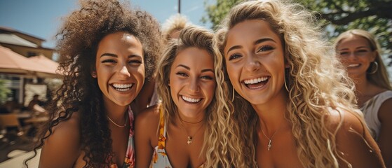 a group of pals in bikinis taking a selfie.
