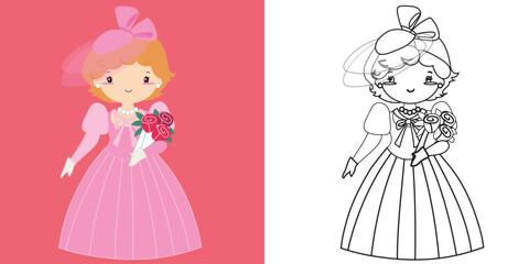 Colouring cute fairytale kingdom character. Coloring a princess in a pink dress. Simple colouring page for kids. Fun activity for kids. Educational printable coloring worksheet. Vector illustration.
