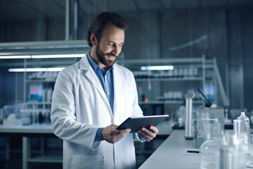 Science, tablet and portrait of a male scientist doing research with technology in a medical laboratory, Happy, smile and man chemist or biologist working on a mobile device in a pharmaceutical lab - obrazy, fototapety, plakaty