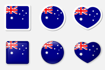 Flag of Australia icons collection. Flat stickers and 3d realistic glass vector elements on white background with shadow underneath.