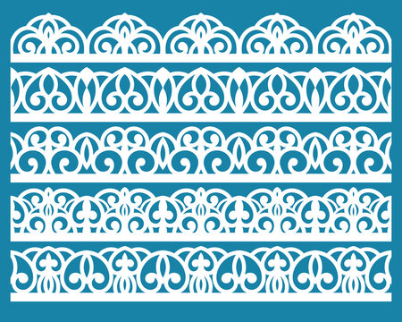 Vector set of lace border vignettes, suitable for laser cutting. Vintage flourish ornaments, cutout paper decoration	