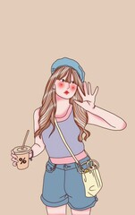 teenage girl wearing a blue hat Carrying a bag and holding a glass of water