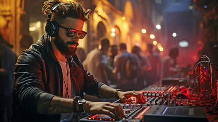 Obraz na płótnie Canvas DJing at a party, front shot of a man.