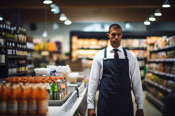 Retail clerk working in a supermarket - obrazy, fototapety, plakaty