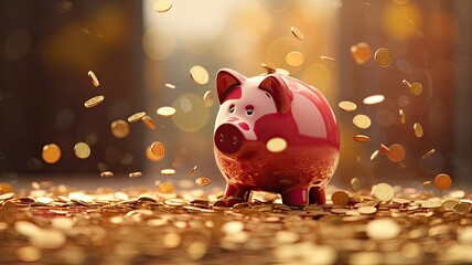 Gold piggy bank with coins background. - obrazy, fototapety, plakaty