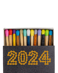box with many colored matches with 2024 Happy New Year made from chain links