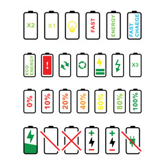 Battery icon set colorful. battery charge level color. battery Charging icon.Battery charge level indicators icons set. Discharged and fully charged battery. Vector illustration