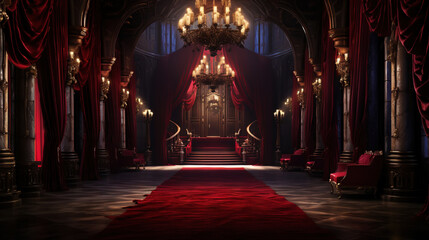 Vampire Dracula castle interior, victorian red furnitures. Halloween concept. Generative AI - obrazy, fototapety, plakaty