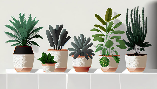 Collection of various houseplants displayed in ceramic pots with transparent background Photo.