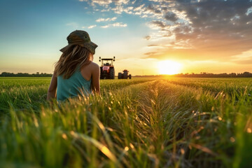 Young woman farmer weeding grass on wheat farm in background of blurred wheat farm on tractor with...