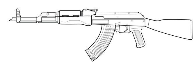 Vector illustration of AK47 assault carbine with wooden stock. Left side.
