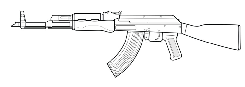 Vector illustration of AK47 assault carbine with wooden stock. Left side.