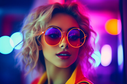 Portrait of the Beautiful Young Girl Sitting Before Computer, Browsing in Internet, Playing Online Games, Streaming, Cute Girls Wearing Glasses in the Cool Retro Neon Lit Room