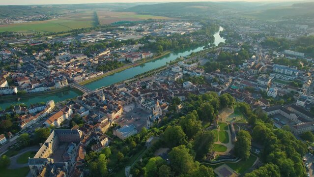 Aerial view around the old town of the city Chateau-Thierry in France