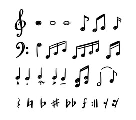 Music Note Doodle Style Musical Melody Elements Black Thin Line Icon Set. Vector illustration of Clef and Crotchet