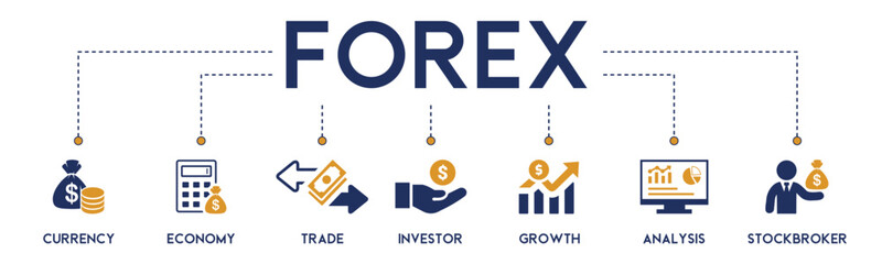 Forex banner website icon vector illustration concept with icon of currency, economy, trade, investor, growth, analysis and stockbroker on white background