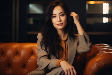 Portrait of Asian female professional psychologist sitting on a cozy sofa