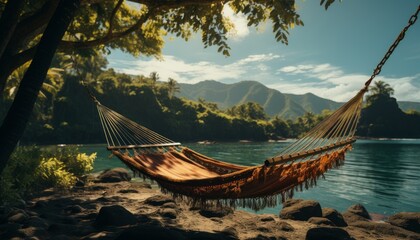 A hammock swinging between two palm trees
