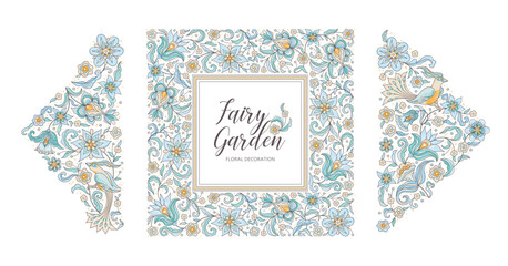 Vector flower pattern, floral square frame, corner vignettes, angle print, border, card design template. Elements in Eastern style. Floral borders, flower illustration. Ethnic isolated ornament. 