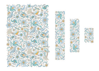 Vector square pattern with bird, floral frame, blooming vignettes, border, card design template. Elements with birds and flowers in Eastern style. Flower illustration. Ethnic isolated ornament
