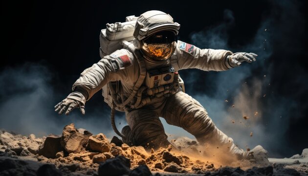 an astronaut fallen down on sand isolated on black background