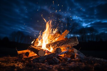 closeup shot of small bonfire glowing at night - obrazy, fototapety, plakaty